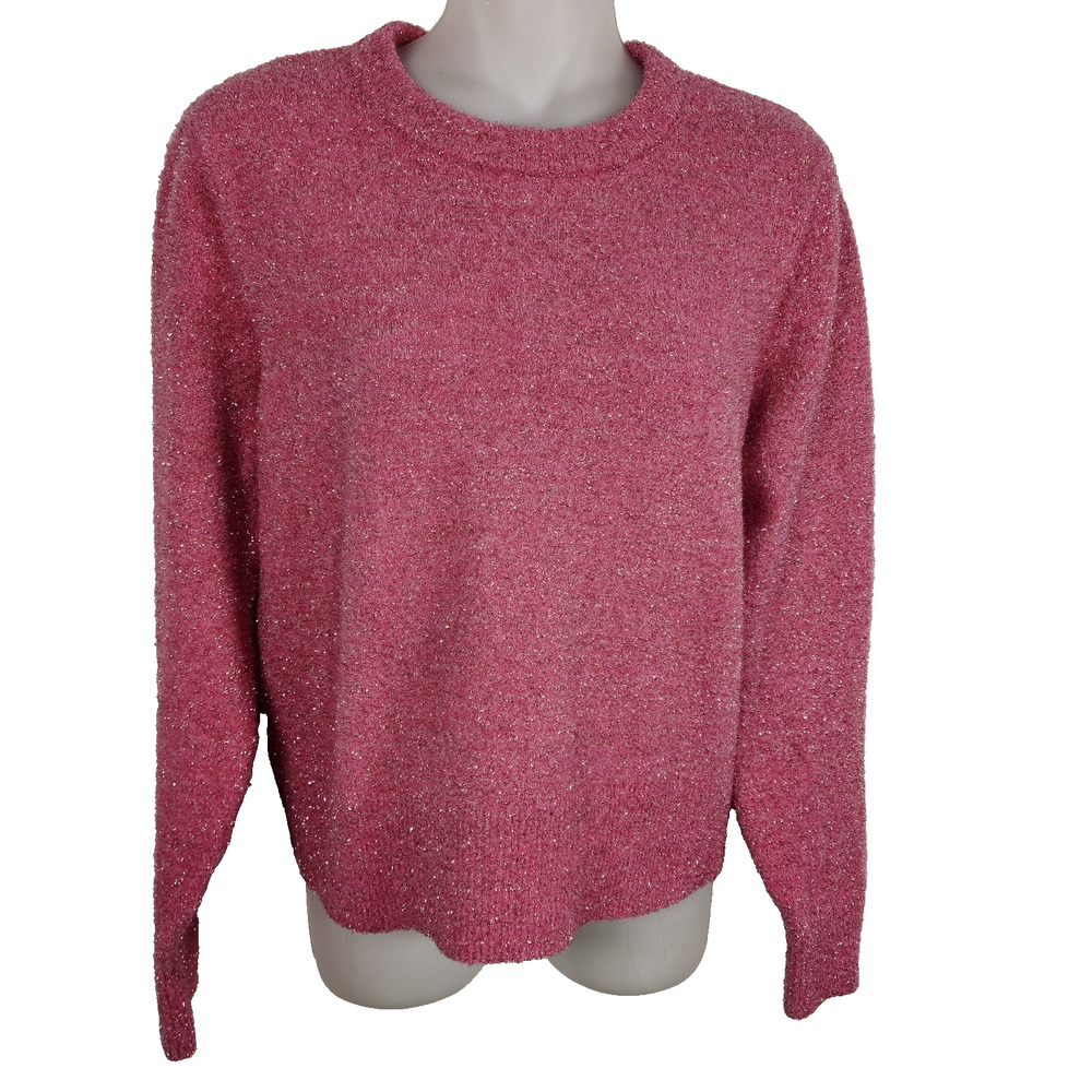 Old Navy Womens Sweater Medium Eyelash Shine Party Pink A Boo Pullover Metallic